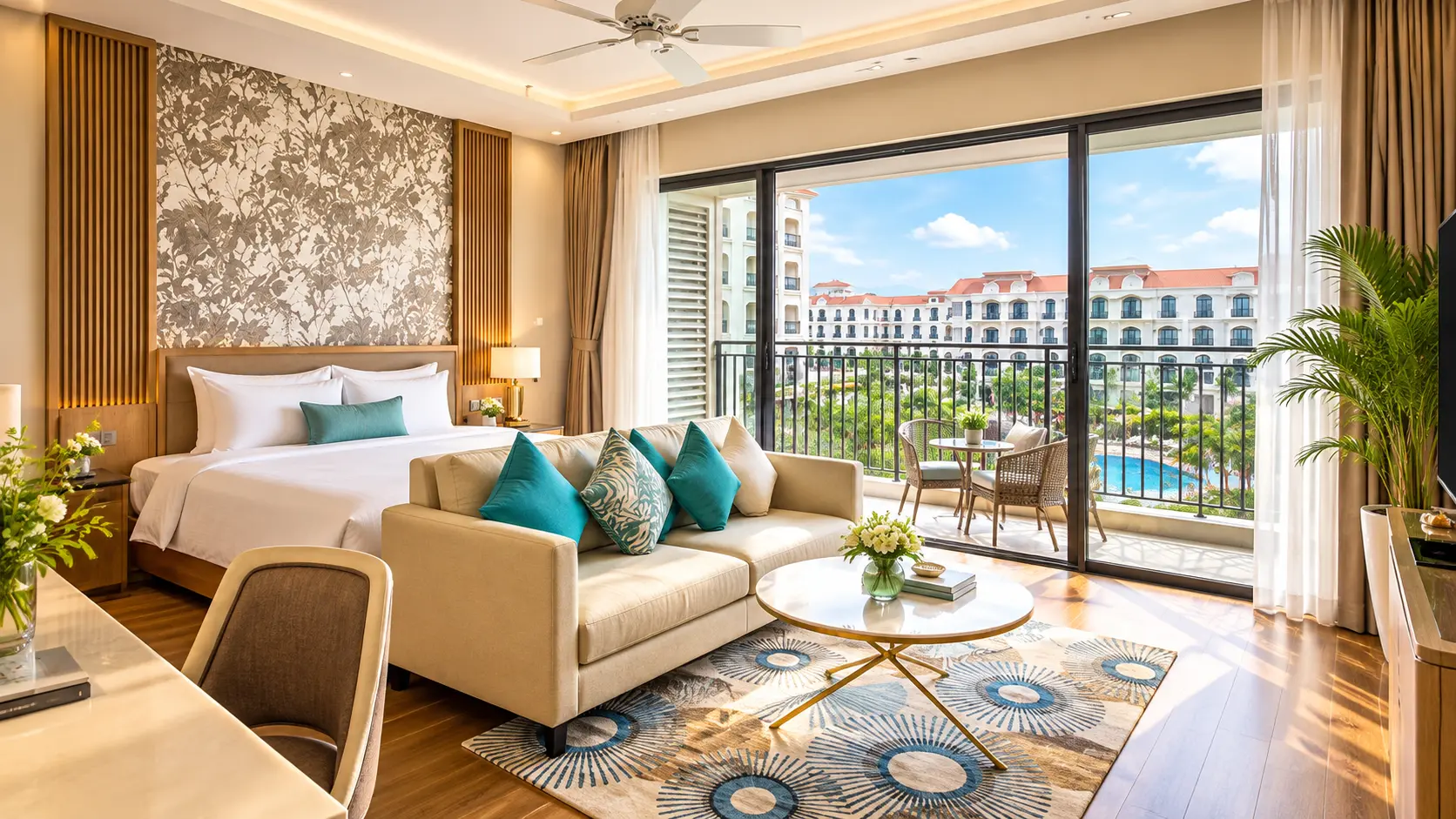 Phòng nghỉ sáng với giường lớn, sofa và ban công nhìn ra hồ bơi ở Phú Quốc