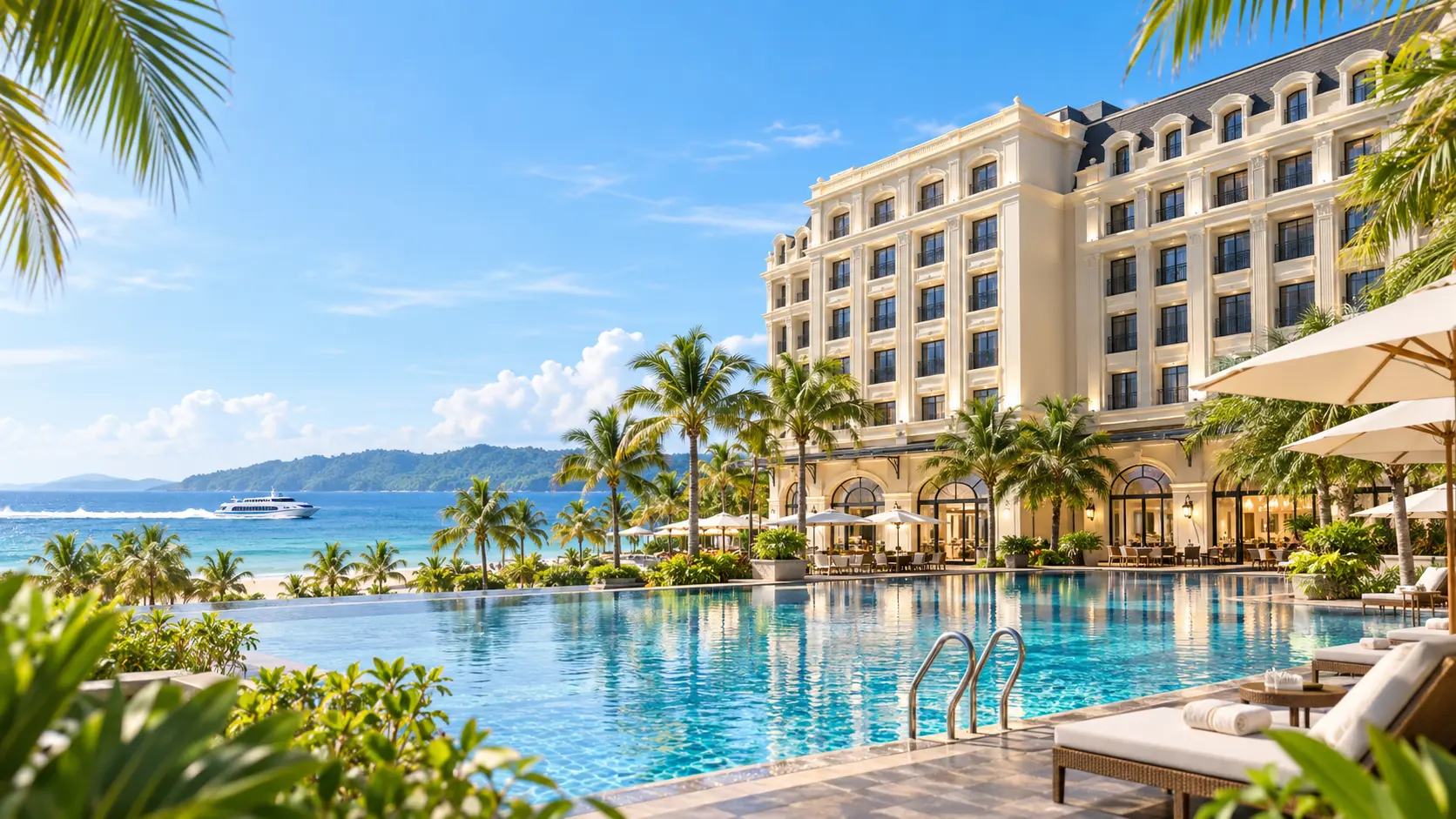 Hồ bơi bên bờ biển với hàng dừa, khách sạn màu trắng và tàu cao tốc ngoài khơi Phú Quốc